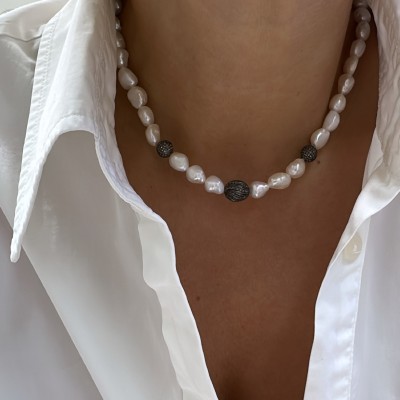 Ball Diamond Pearl Necklace - Thumbnail