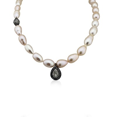 Drop Pearl Necklace with Diamond Detail - Thumbnail