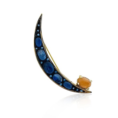 by Eda Çetin - Lapis and Quartz Crescent Brooch