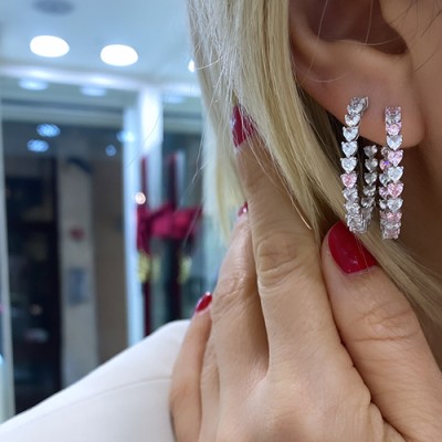 Pink-White Heart Hoop Earrings - Thumbnail